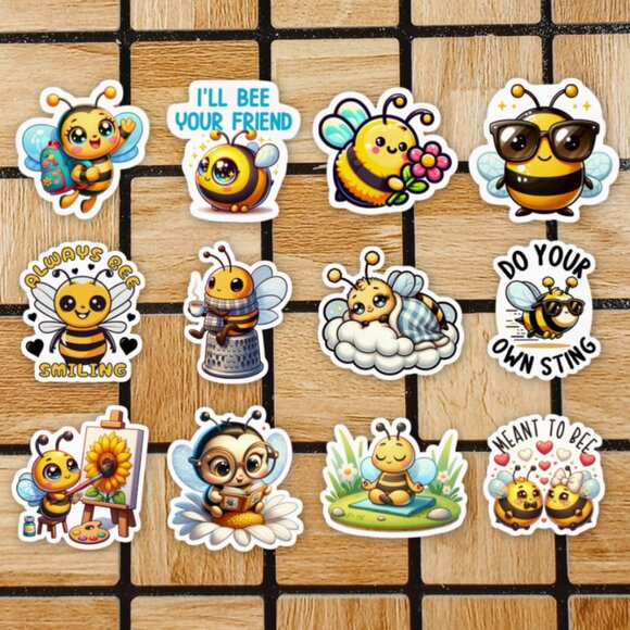 Cute Bee Sticker Pack of 12 Vinyl Stickers Waterproof Die Cut Sticker Set - Picture 1 of 4